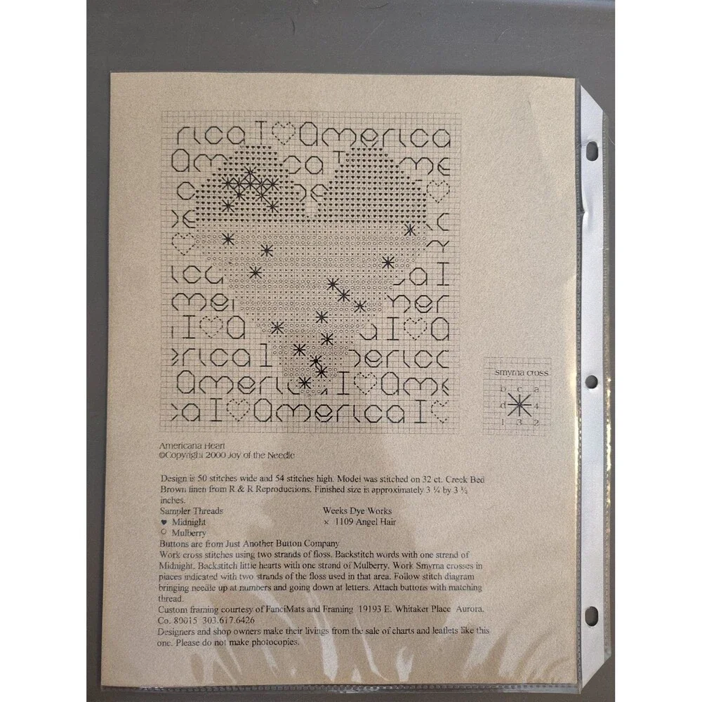 Joy of the Needle AMERICANA HEART Cross Stitch Pattern Chart JON-11 Primitive...